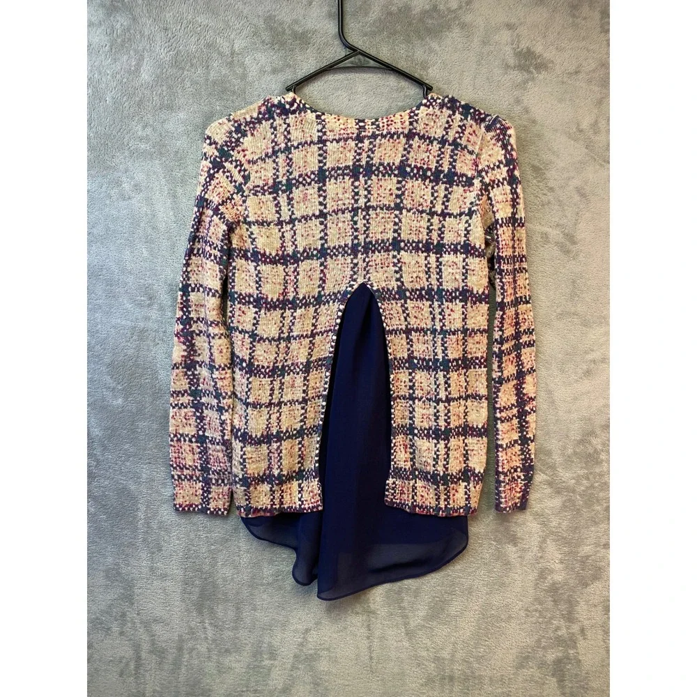 Lucky Brand Mixed Media Plaid Sweater Navy Blue Chiffon Split Back XS